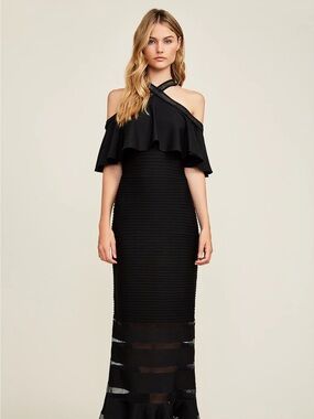 Tadashi Shoji Black Crystal Pintuck Jersey Halter Gown